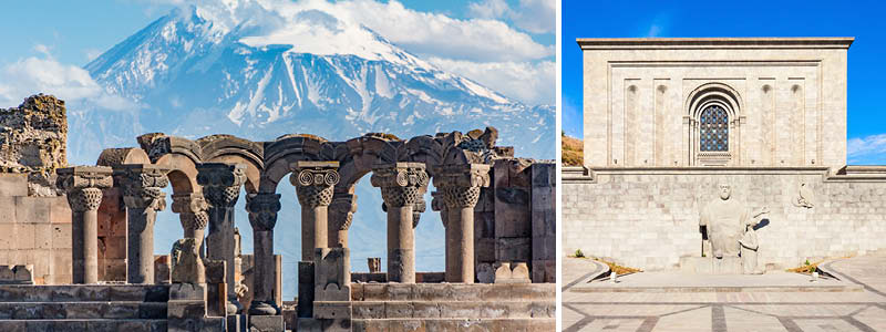 Ruinerna vid Zvartnots och museet Matenadaran i Armenien.